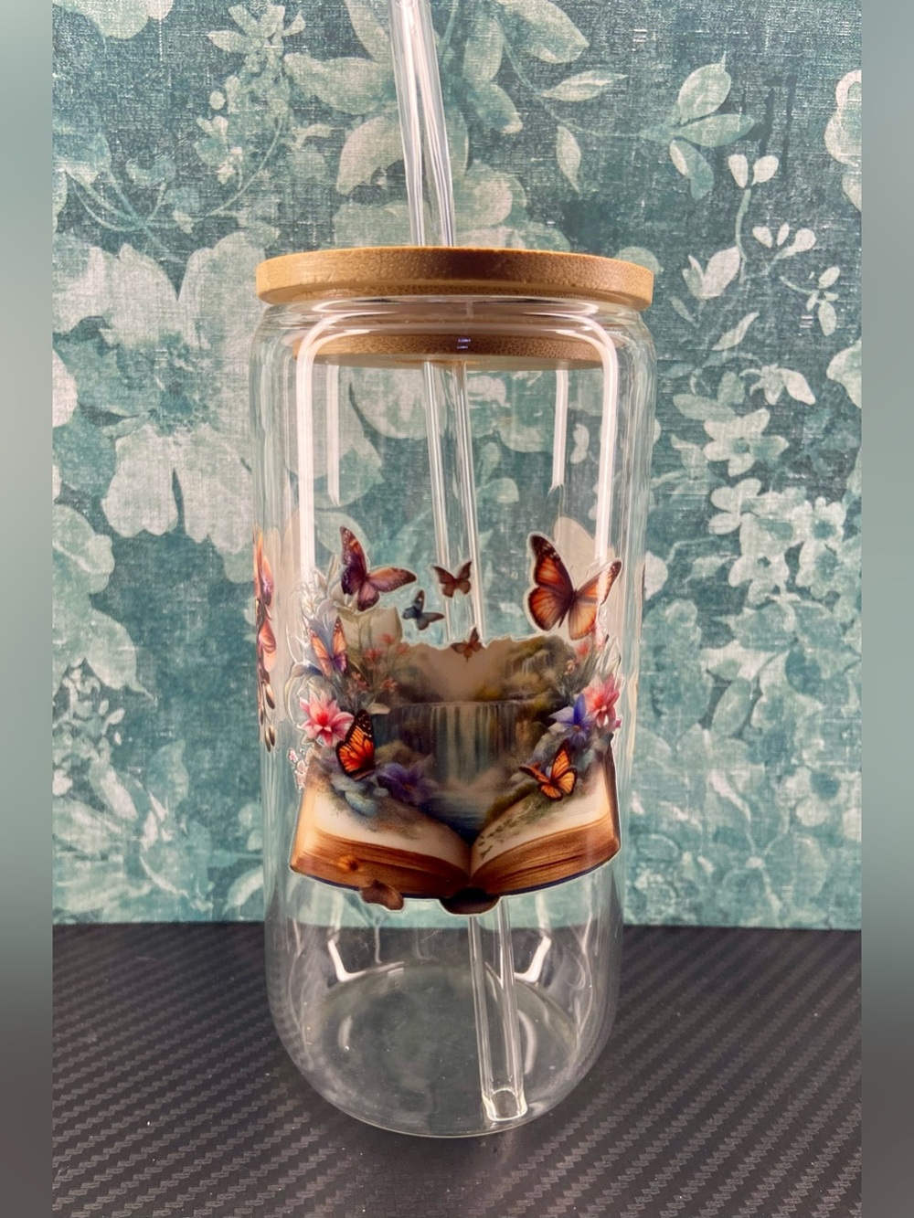 Clear Glass Butterfly Book Tumbler with Bamboo Lid